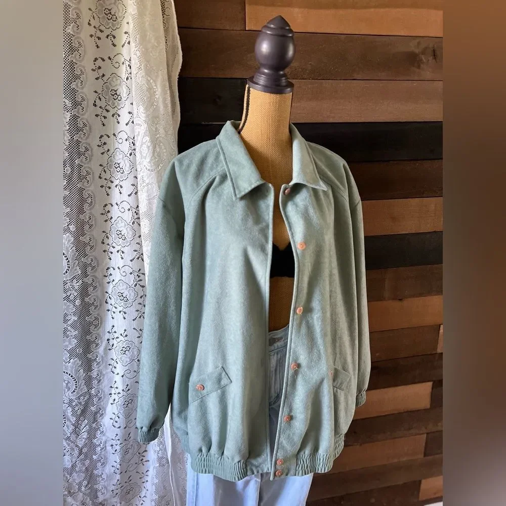 Vintage 80s Seafoam Green Soft Button Up Teddi Lightweight Jacket Plus Size